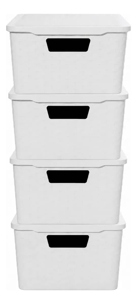4 Canastos Cajón Organizador Plástico Símil Rattan Mediano Tecson Lectra Color Blanco