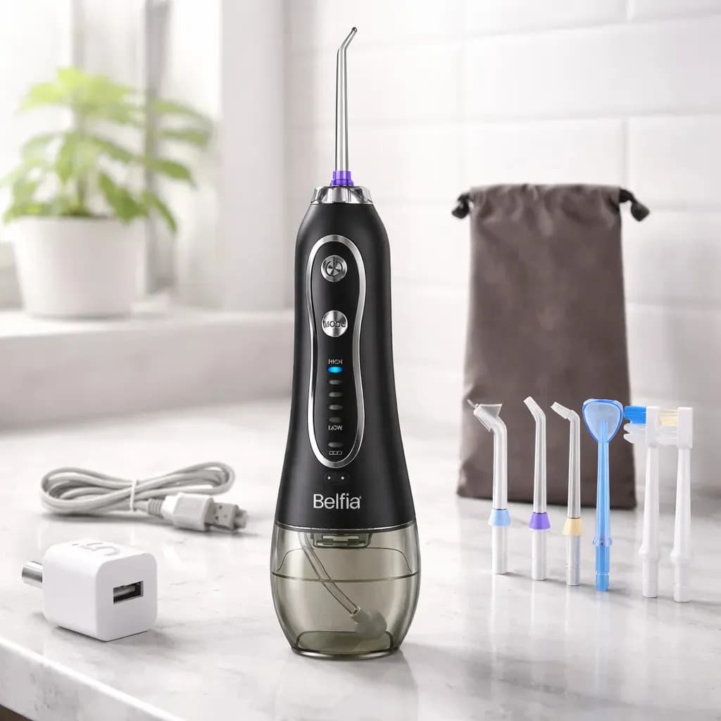 Irrigador Bucal oral Ducha Dental Water Hf-6 Belfia con 5 Niveles 8 Picos USB recargable 300 ML de agua ideal para brackets implantes mal aliente cuidado de encias