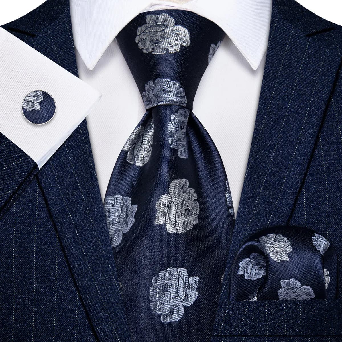 Corbata Hombre Seda Set Con Pañuelo Y Gemelos Ideal Color Azul Marino Flores 9662 Diseño De La Tela Floreado