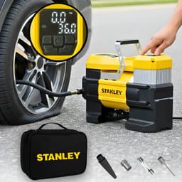 Compresor de aire mini portátil con Display digital Stanley SXIF0001 Presion maxima 10 Bar Linterna y balizas inflador Auto moto bicicleta pelota colchoneta Bolso accesorios