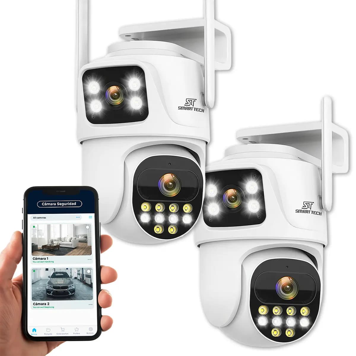 Set X2 Camara Seguridad Wifi Domo Doble Exterior Vision Nocturna Color Blanco Smart Tech P9-6mp