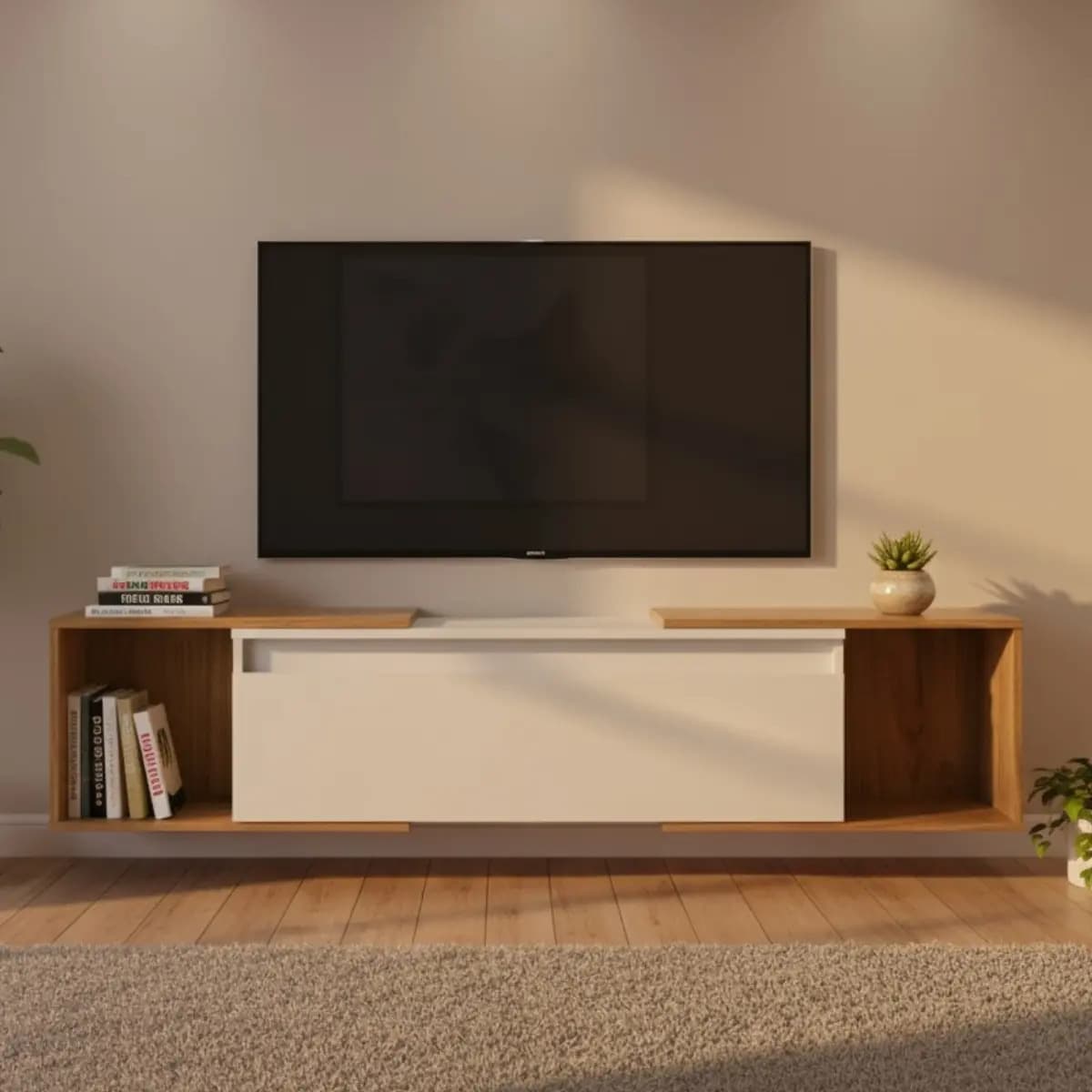 Rack Tv Flotante Modular Melamina Blanco Madera Koa Home