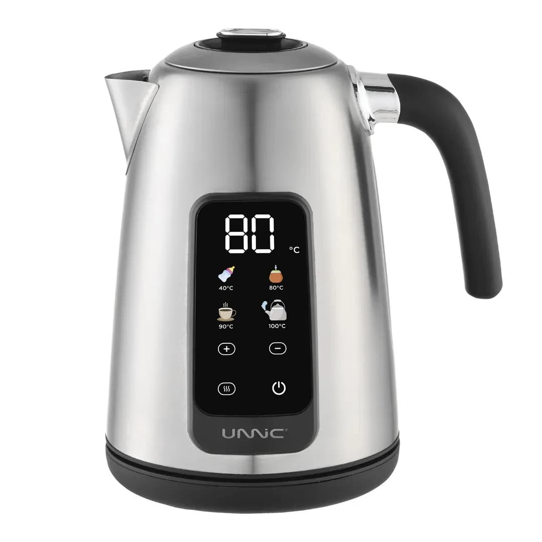 Pava Electrica Unnic Pantalla Digital Tactil Acero Inoxidable Con Funcion De Temperatura Prestablecidas Pico Vertedor Con Filtro 1.7 Lts Ideal Para Mate Cafe Te Leche Base Giratoria Color Plateado