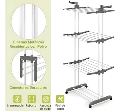 Tendedero 3 Niveles De Pie Colgador Ropa Con Rueda Vertical Portatil Color Gris