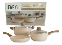 Batería Cocina Fary Home 5 Piezas Antiadherente Crema Vidrio