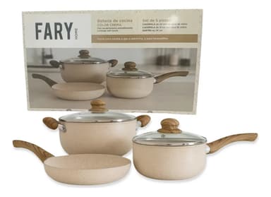 Batería Cocina Fary Home 5 Piezas Antiadherente Crema Vidrio