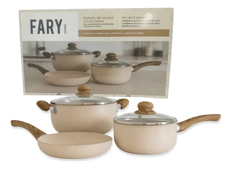 Batería Cocina Fary Home 5 Piezas Antiadherente Crema Vidrio