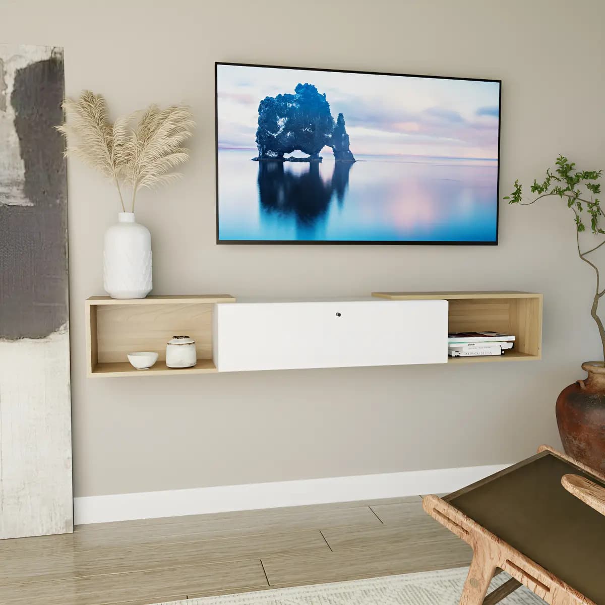 RACK DE TV Led FLOTANTE Mueble Living P/Colgar Color Olmo Everest Melamina 1 Puerta + Estantes Moderno Minimalista Home Collection
