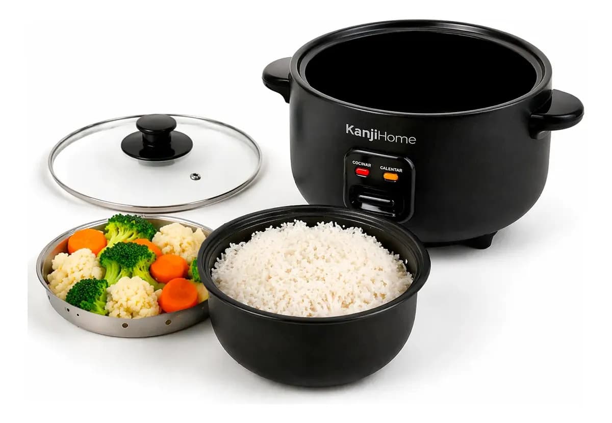 Arrocera Y Vaporera Kanjihome Negra Mate 1,8 Litros Olla Antiadherente Tapa De Vidrio Kjh-arrvapbl