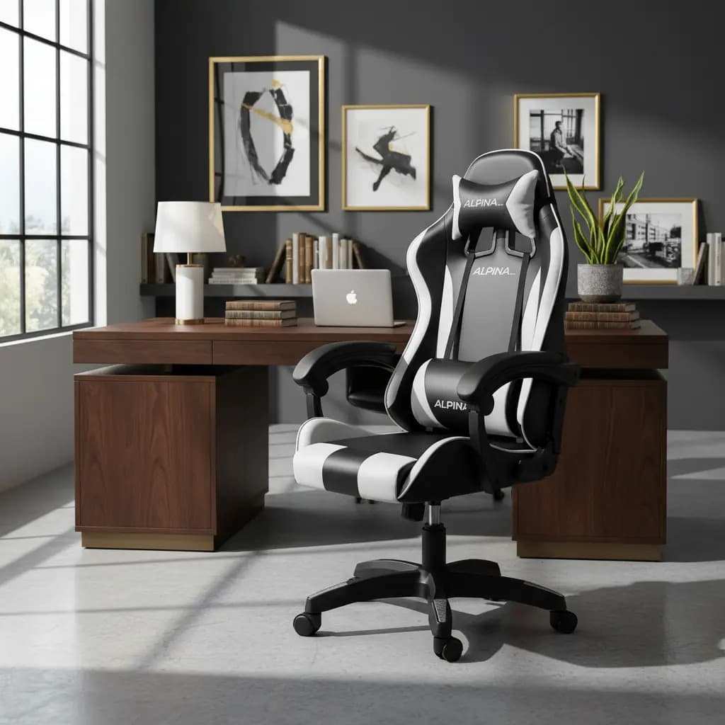 Silla Gamer Alpina Ergonómica Giratoria Reclinable ft-088 Color Negro/Blanco Material del tapizado Cuero sintético