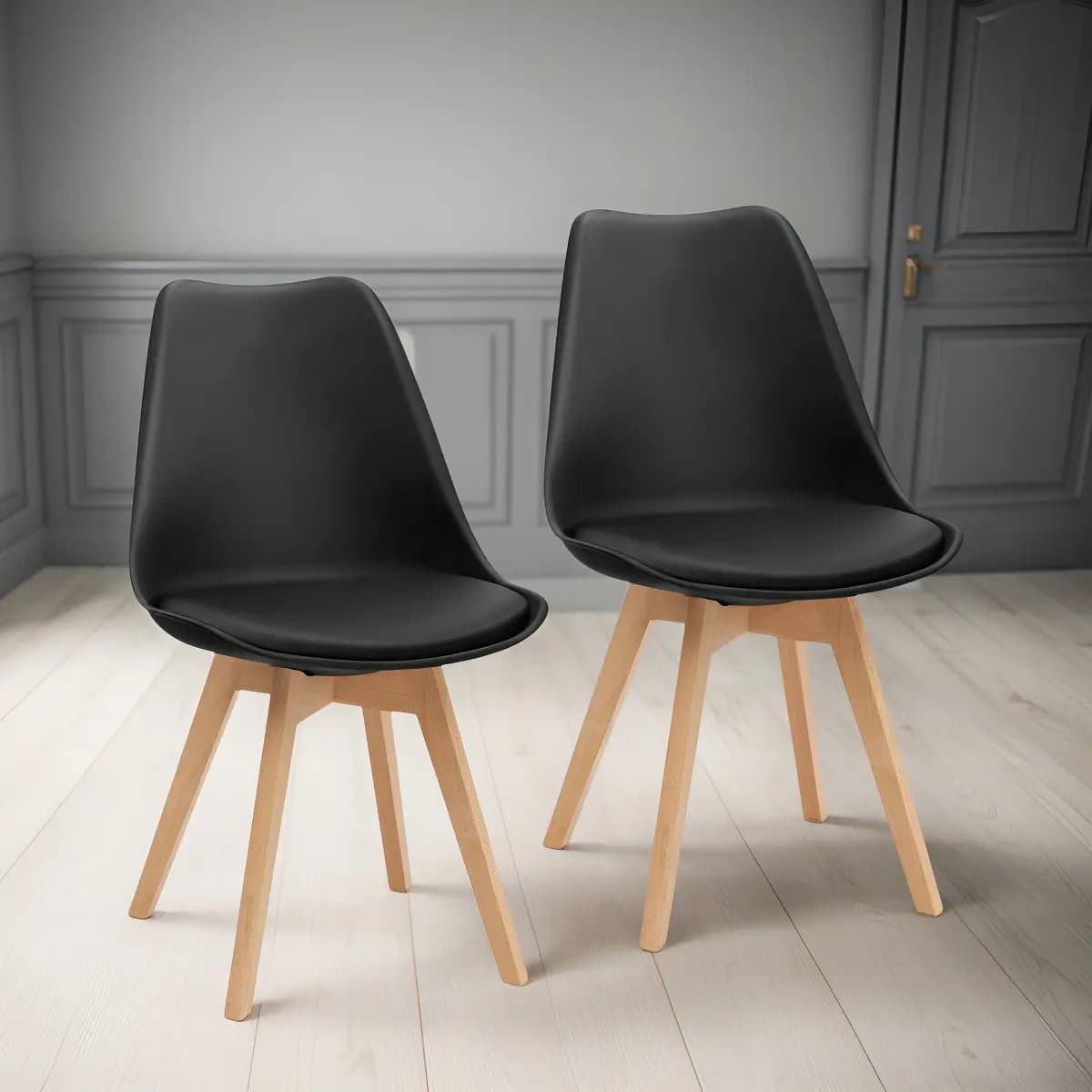 2 Sillas Comedor Tulip Diseño Nordico Patas Madera Almohadon Estructura De La Silla Negro