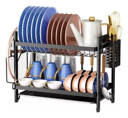 Secaplatos Escurreplatos 2 Pisos Platos Vasos De Mesada Con Bandeja Cubiertero Porta Tabla Acero Inoxidable Negro Levys Bazar Cocina Hogar