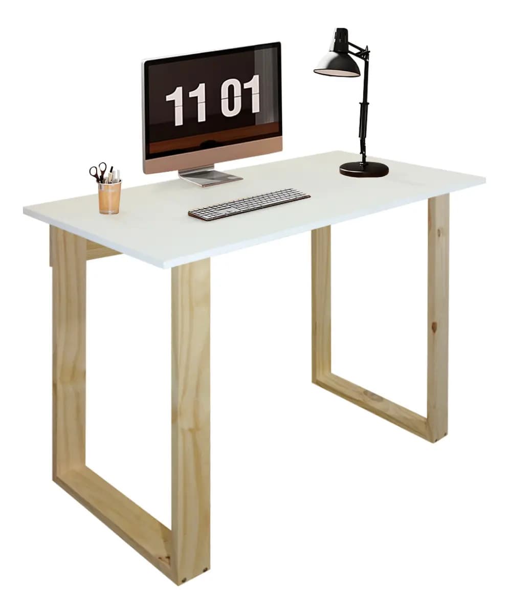 Escritorio Estilo Moderno Para Oficina Con Patas Rectangulares Altas Color Natural Y Tapa Melamina Color Blanco