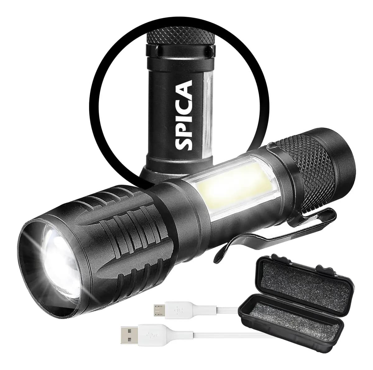 Linterna Tactica LED Militar SPICA X-4 Recargable 3 Modos de Iluminacion Luz Blanca Gancho Clip Color Negro