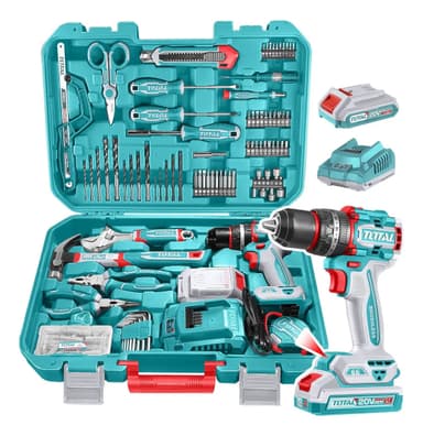 Set 165 Piezas Total: Taladro Percutor Y Atornillador 66nm Sin Carbones, Con Batería 2.0ah, Cargador, Herramientas Manuales Y Maletín - Thkthp11652