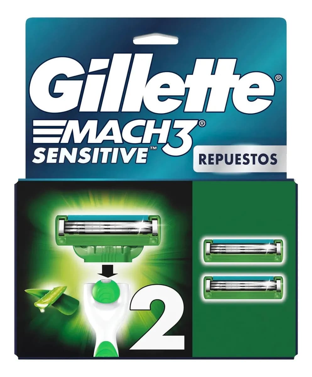 Repuestos de Afeitar Gillette Mach3 Sensitive con Aloe, Piel Sensible 2 Repuestos