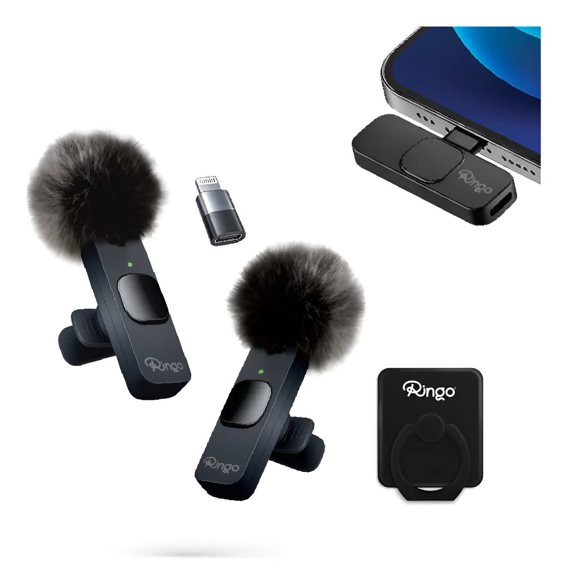 Micrófono Inalámbrico Corbatero Para Celular Ringo x2 Cubreviento Receptor USB-C y Adaptador Lightning Ideal Streaming Para Creadores de Contenido Influencers Color Negro