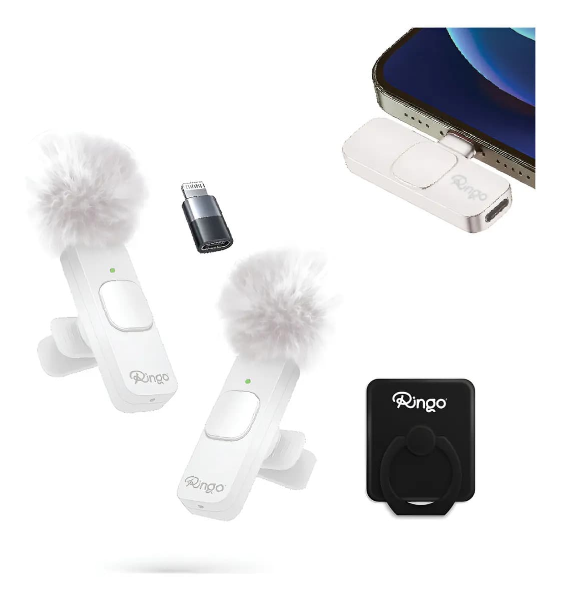 Micrófono Inalámbrico Corbatero Para Celular Ringo x2 Cubreviento Receptor USB-C y Adaptador Lightning Ideal Streaming Para Creadores de Contenido Influencers Color Blanco
