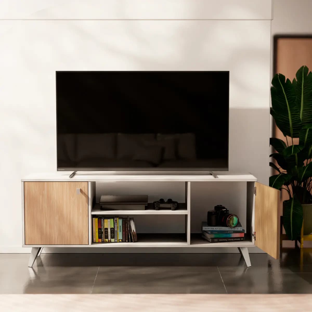 Mueble De Tv Rack Para Tv Led Tele Televisor Hasta 60'' Con 2 Puertas 2 Estantes Melamina 140cm Color Blanco Roble Claro Moderno Linea Escandinavo RE140 Dielfe