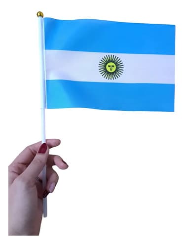 10 Banderas de Tela para Mano de Argentina con Mástil 21x14cm