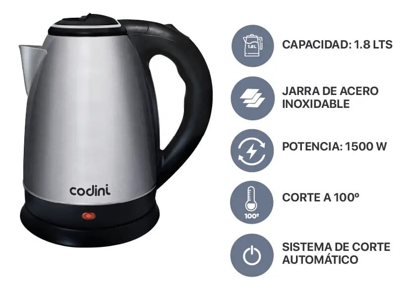 Pava Eléctrica Codini P18han Acero Inoxidable 1.8lts Gris