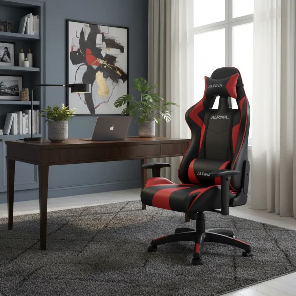Silla Gamer Alpina Ergonomica Giratoria Reclinable Pre Ft055 Color Negro/Rojo Material del tapizado Cuero sintético