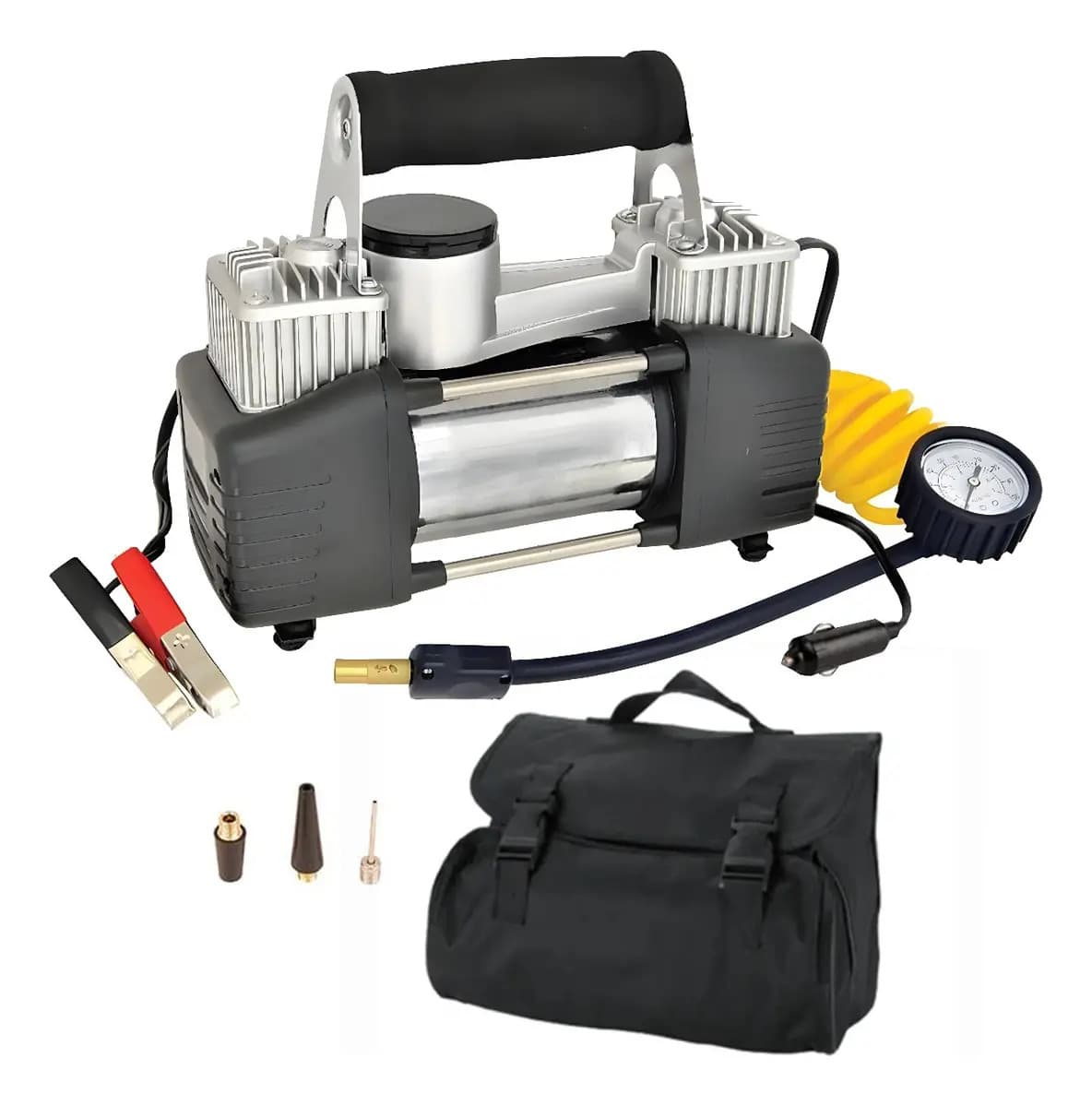 Compresor Inflador Doble Piston Auto Portatil Bici Moto Color Negro Marca Raitot