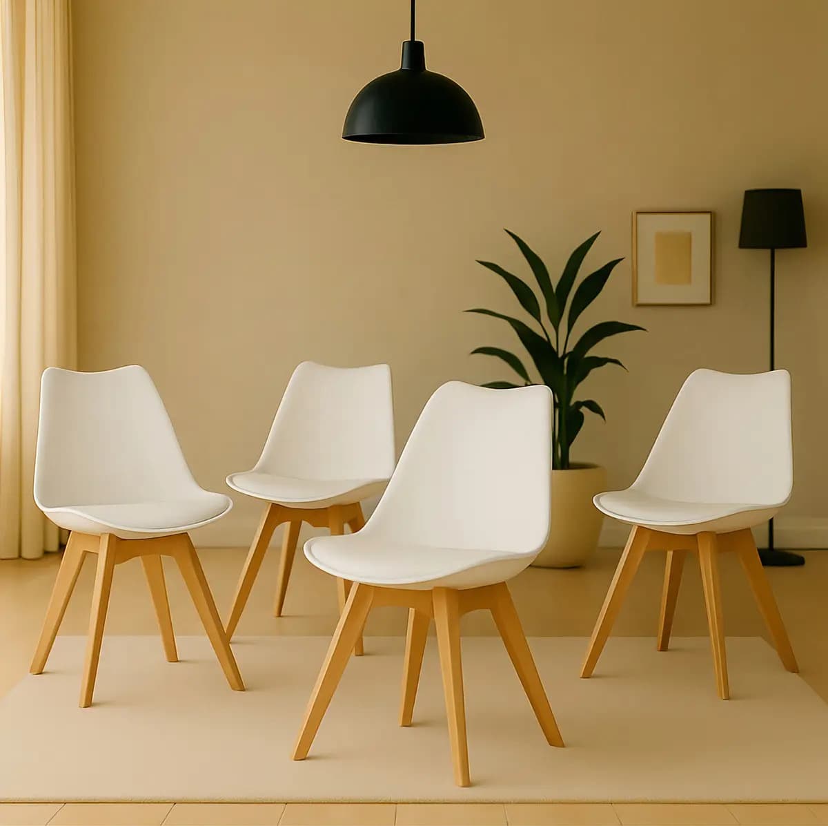 Pack 4 Sillas Tulip Nórdicas Blanco Asiento Ecocuero Patas Madera