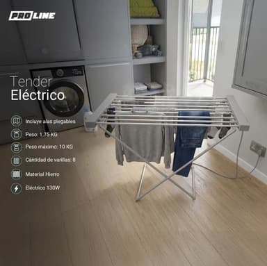 Tender Eléctrico Plegable Proline 130w 8 Varillas Aluminio Portatil Hogar Secado Rapido Interior Resistente Seguro Blanco