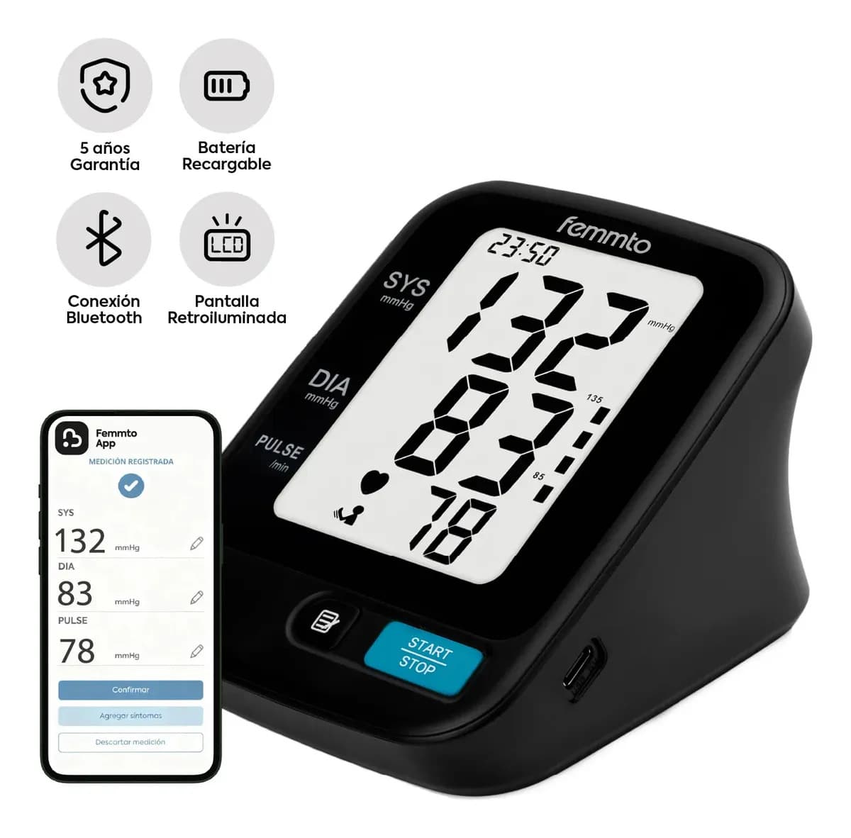 Tensiometro Digital Brazo Bluetooth Batería USB Medidor Presion Arterial Enfermeria Automatico Femmto