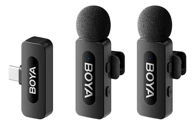 Kit 2 micrófonos Inalámbricos BOYA BY-V20 USB-C Para Celular 2.4GHz Ultra Compacto