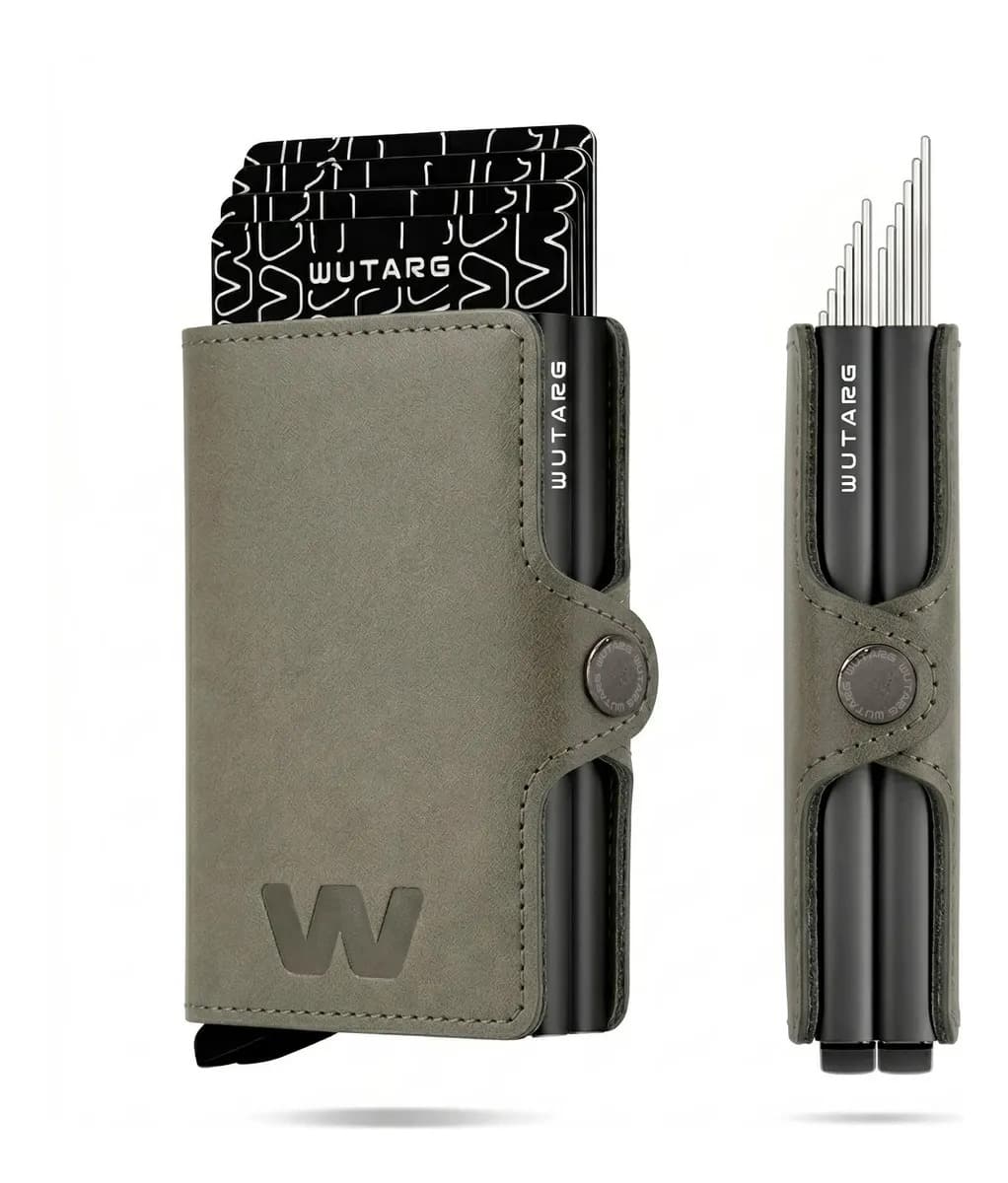 Billetera Wutarg Cuero Pu Rfid Deluxe 12 Tarjetas Billetes Color Gris Diseño de la tela liso costuras reforzadas