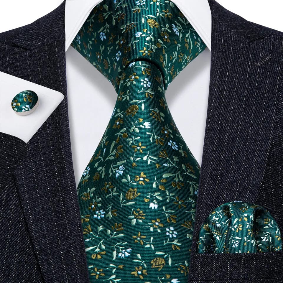 Corbata Hombre Seda Set Con Pañuelo Y Gemelos Ideal Color Verde Fuerte Diseño De La Tela Floreado