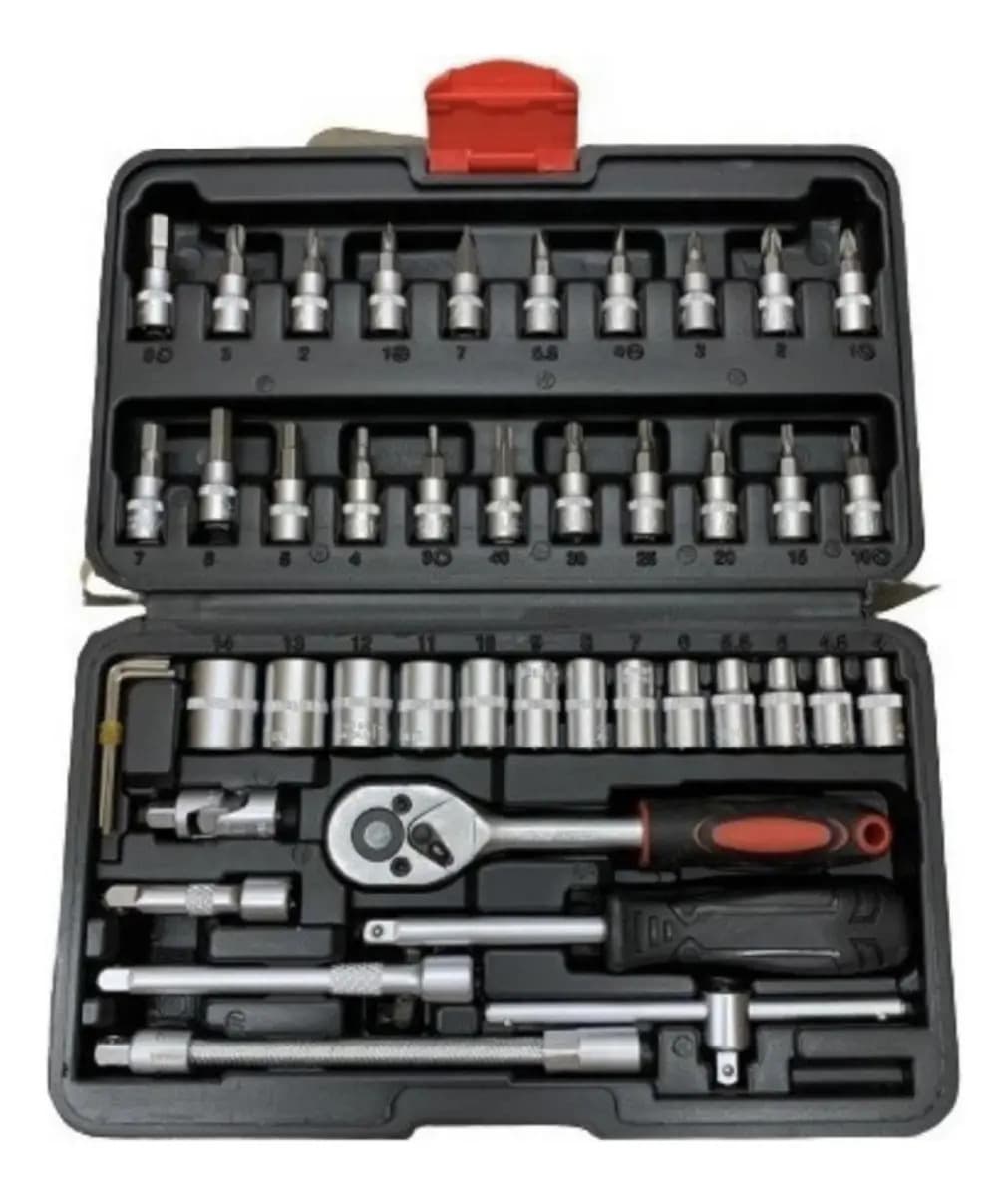 Caja JIN Feng jf-1046 Set Herramientas Juego de Llaves Tubos - Kit 46 Piezas Estuche Organizador negro _ T46 con Adaptador para Bits Standar