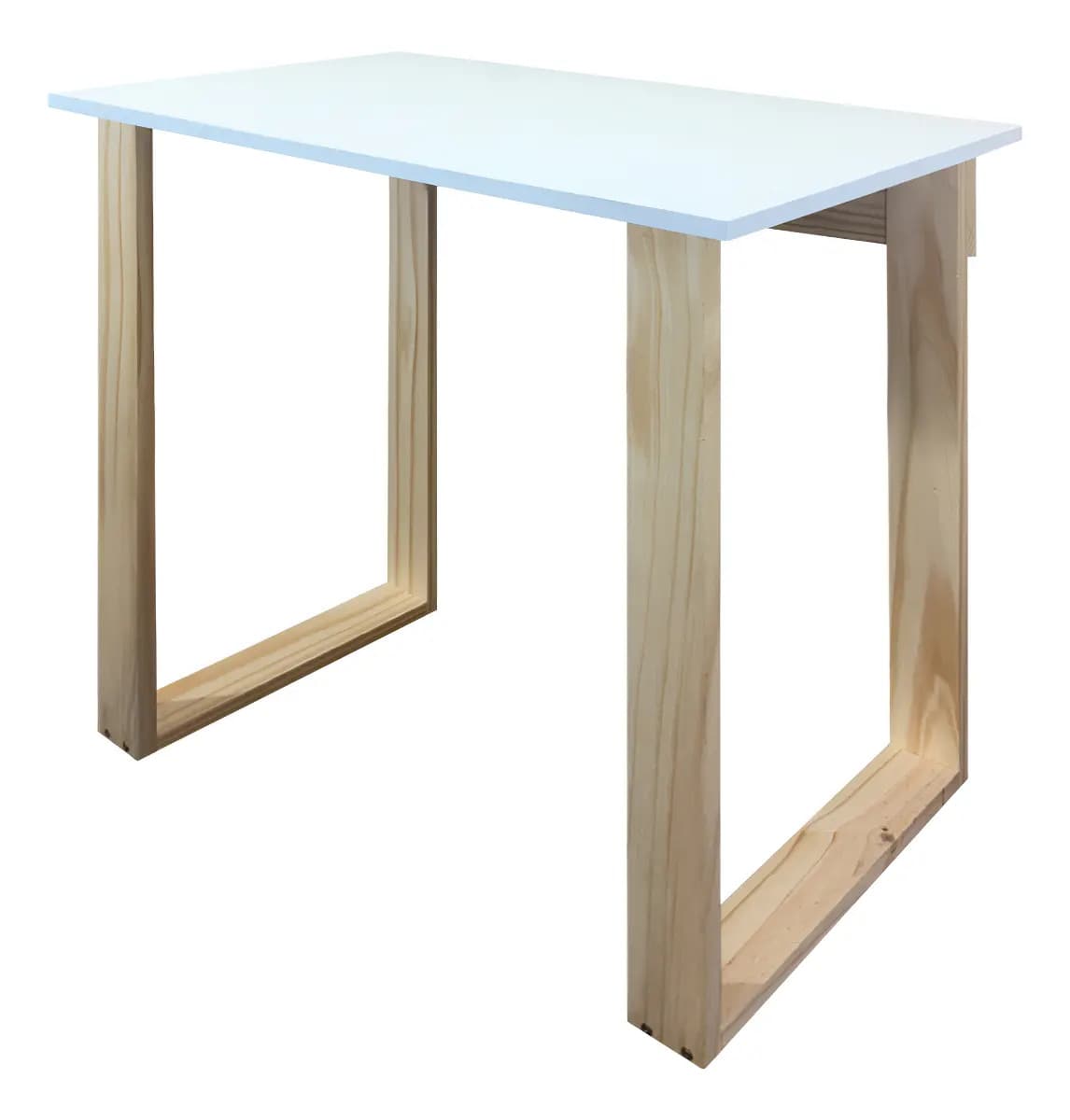 Escritorio Moderno Chico Para Oficina Con Patas Rectangulares Madera Color Natural Y Tapa Melamina Blanca
