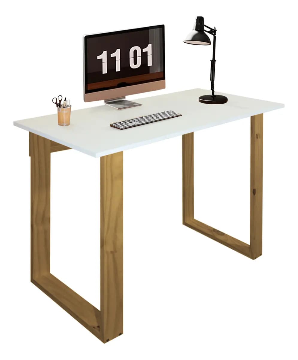 Escritorio Estilo Moderno Para Oficina Con Patas Rectangulares Altas Color Roble Y Tapa Melamina Color Blanco