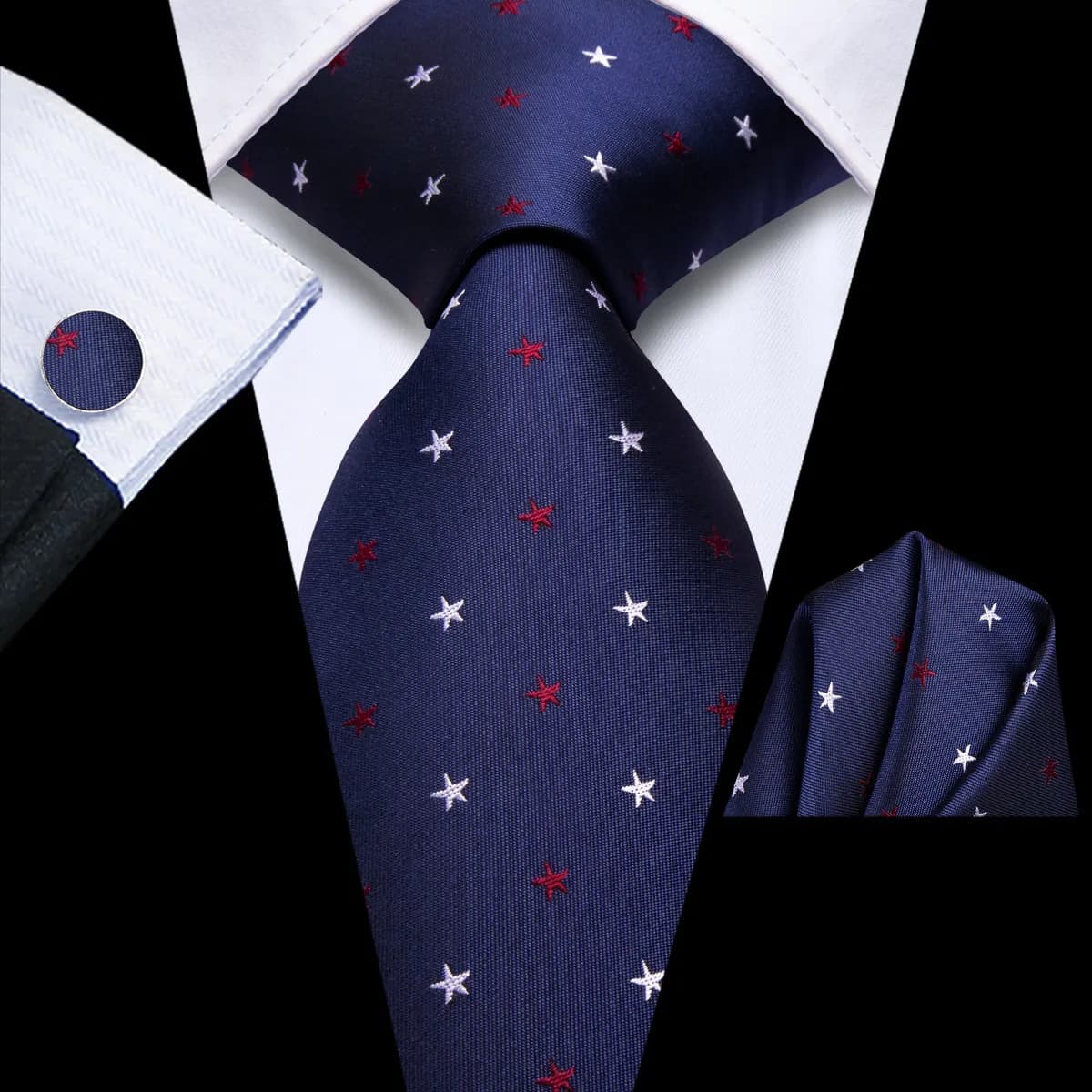 Corbata Hombre Seda Set Con Pañuelo Y Gemelos Ideal Color Azul Marino Estrellitas Diseño De La Tela Floreado