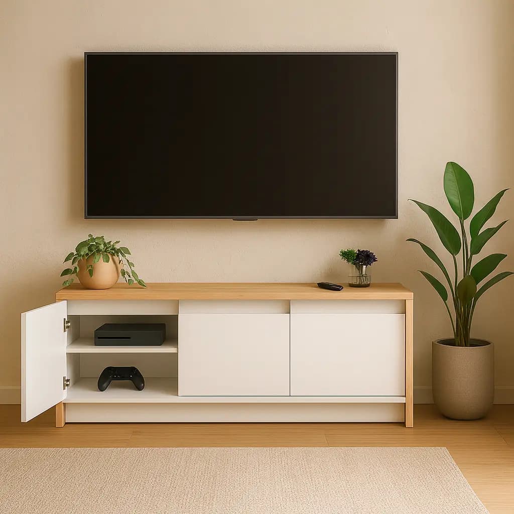 Mueble De Tv Rack Para Tv Led Tele Televisor Hasta 55'' Con 3 Puertas + Estantes Internos 130cm Color Blanco Roble Kendal Rpn130 Dielfe