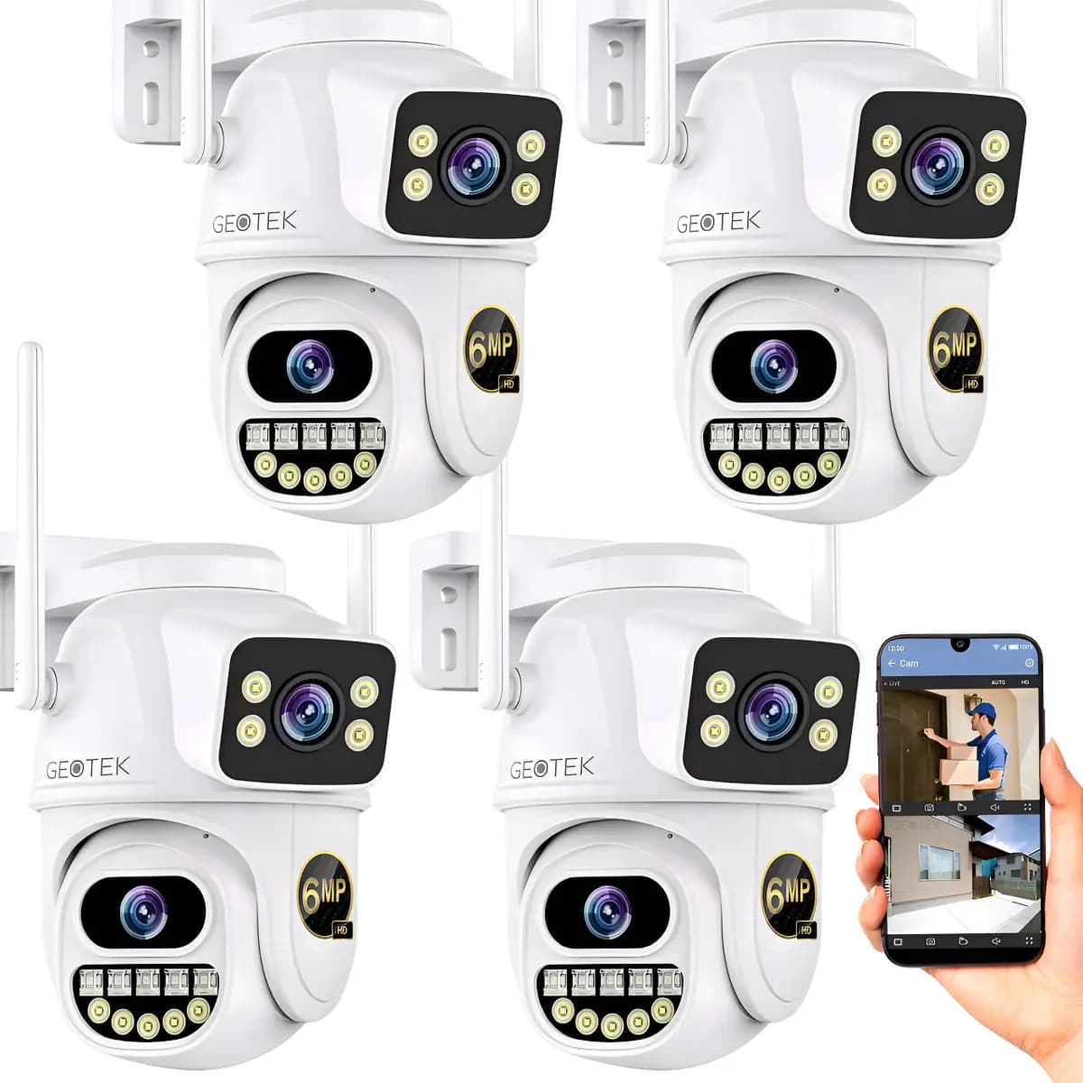 Kit 4 Camaras Seguridad Geotek 6mp Ip Wifi Domo Doble Lente Exterior Vision Nocturna Inteligente Deteccion Movimiento Seguimiento