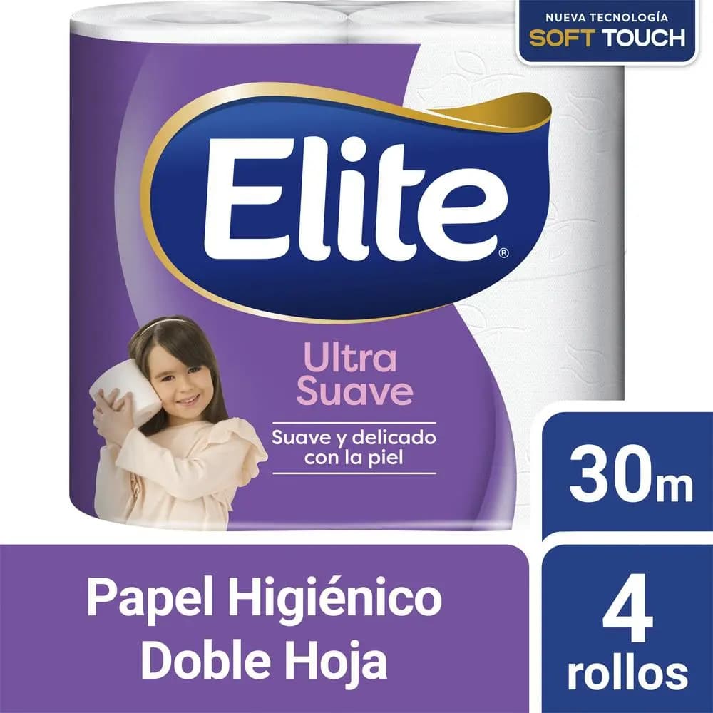 Papel Higiénico Elite doble hoja ultra suave x 4 Rollos de treinta metros resistente