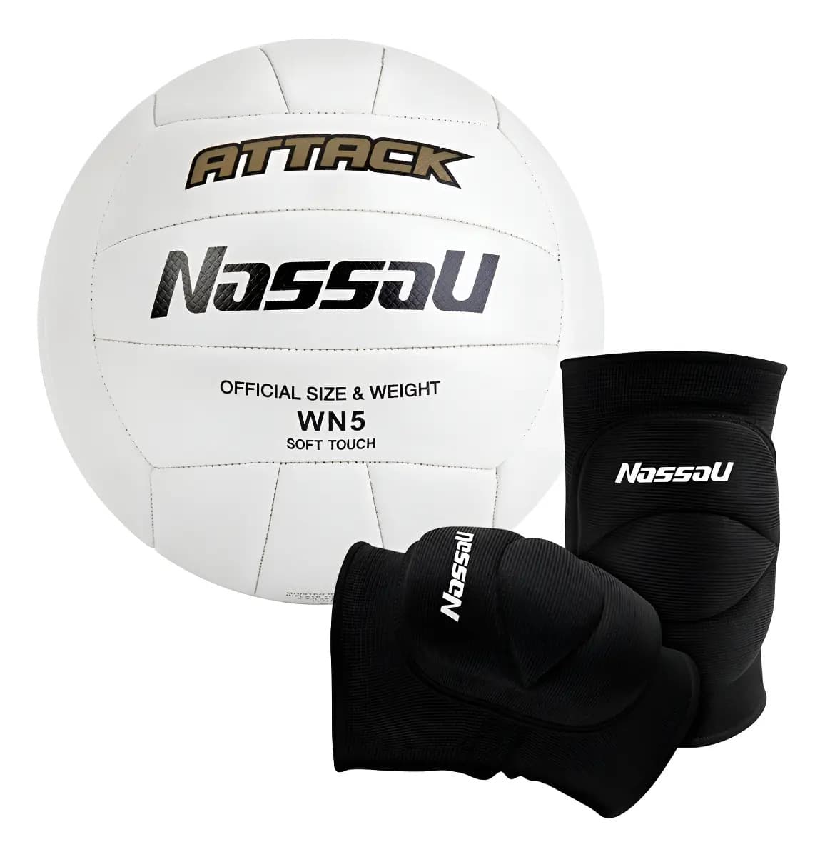 Kit Vóley Nassau con Pelota Attack Blanca y Rodilleras Cover Negras Talle L