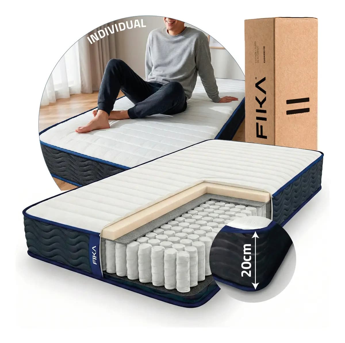 Colchón 1 Plaza Fika Pocket En Caja 80x190 20cm Espuma Y Resortes
