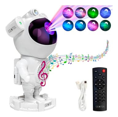 Velador Proyector Astronauta Parlante Bluetooth Geotek Luz Galaxia Estructura Blanco Pantalla Negro