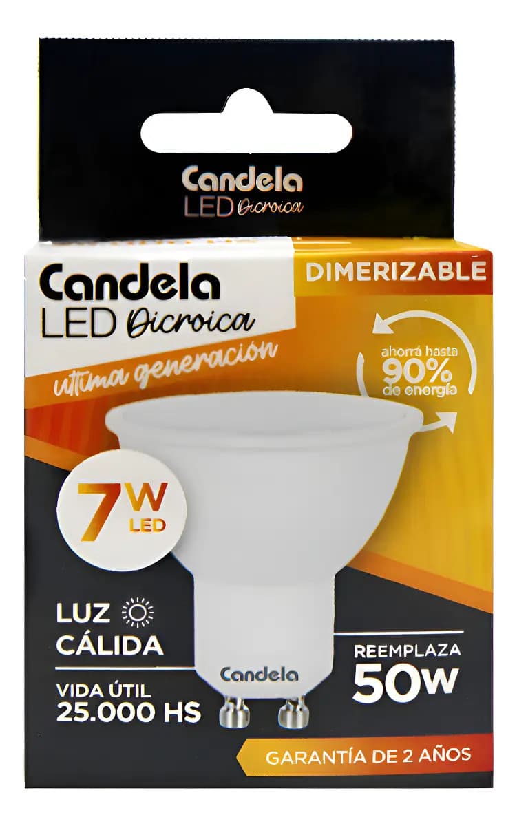 Dicroica Led Candela Lampara Aluminio Foco Dimer Luz Calida 7w