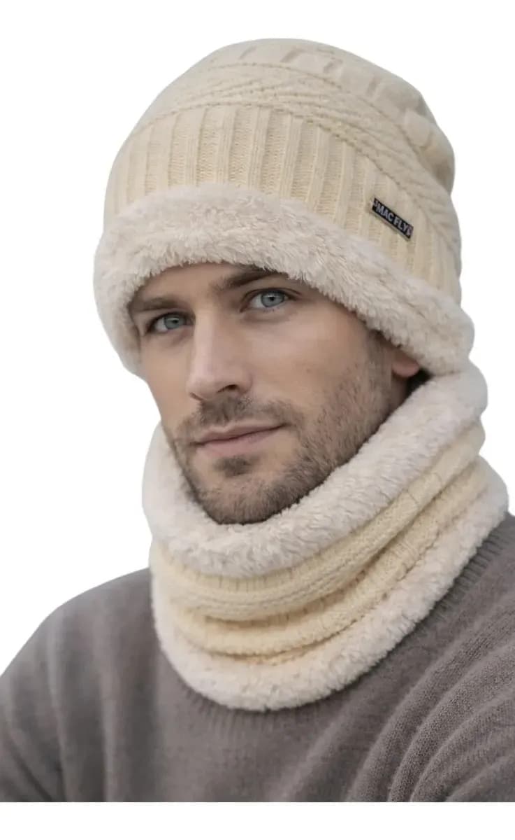 Combo Gorro Beanie + Cuello Lana Corderito Hombre Invierno Color Natural Talle Único Adulto ( +16 Años)