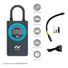 Compresor De Aire Inalambrico Recargable 150 Psi Nictom Inflador Portatil Bateria Auto Moto Pelotas Bicicletas Gris