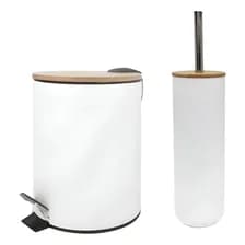 Set Juego Baño Tacho Cesto Escobilla Cepillo Bambu Madera Blanco