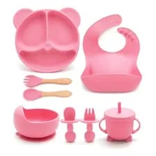 Set Rosa Alimentacion Bebe Silicona Completo Plato Vaso Bowl Liso Veoquiero