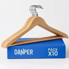 Pack 10 Perchas Madera Premium Danper Barnizada Adulto 44.5cm Reforzadas - Acabado Sin Astillas - Gancho Giratorio 360° - Ideal Sacos Camperas