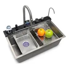 Bacha De Cocina Moderna Fika Inteligente Smart Multifunción Digital Led 75x45x22cm Plateada Plateado
